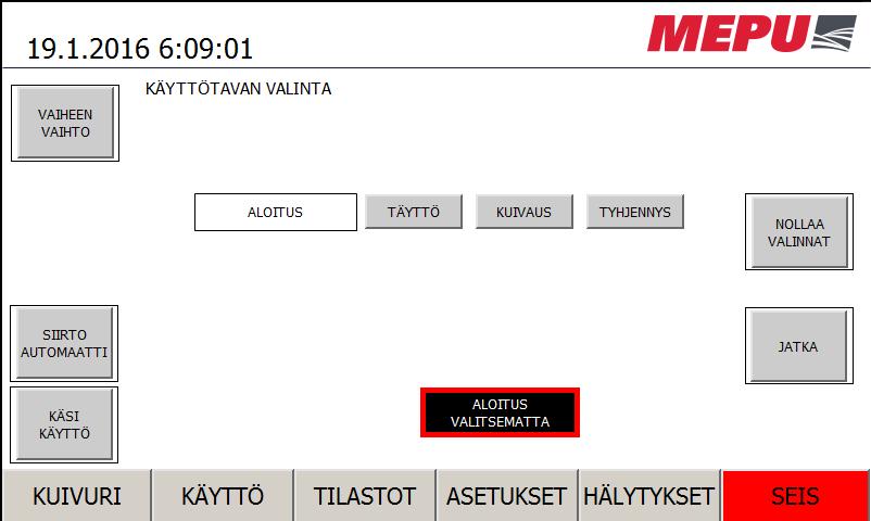 6.3. Käyttö sivu Kuivurin käyttö sivulta käytetään kuivuria. Vasemmasta alakulmasta päästään käsikäyttö sivulle josta voidaan käyttää kaikkia kuivurin laitteita käsin.