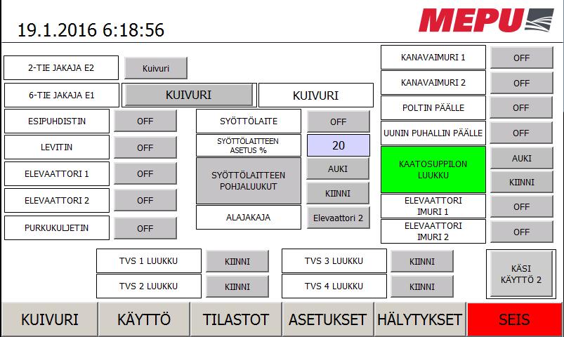 Mikäli kaikki siiloreitit on sähköisillä jakajilla varustettu ja kaikissa siiloissa on täyttövahti, tulee siirtoautomaattipainike näkyviin. 6.3.1.