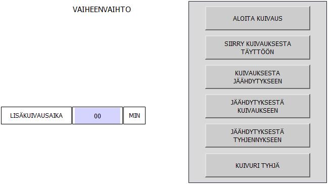 6.3.3. Vaiheen vaihto Vaiheenvaihtosivulle voidaan muuttaa kuivurin tilaa automaattitoimintojen aikana. Vaiheenvaihtopainikkeet tulevat ainoastaan esille kun kyseinen vaiheenvaihto voidaan suorittaa.