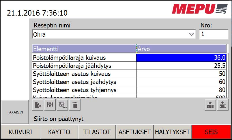 6.3.12.Kosteusmittarin asetukset (lisävaruste) Kosteusmittarin asetuksissa voidaan asettaa poistolämpötilarajat joissa kosteusmittarin pitäisi katkaista kuivaus.