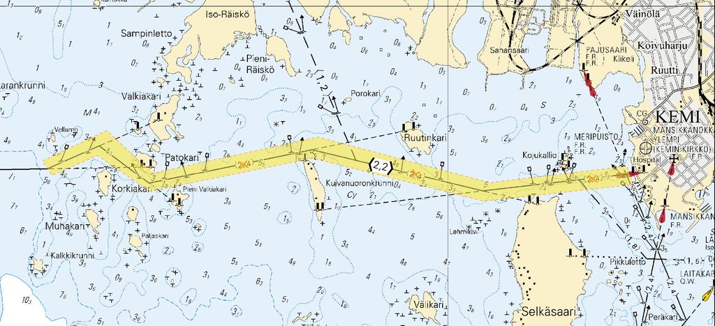 G/855/855.2 Suomi. Perämeri. Kemi. Kemi-Tornio rannikkoväylä (2.2 m). Kulkusyvyyden muutos. Tiedonanto uusitaan. Finland. Bottenviken. Kemi. Kustleden Kemi Torneå (2.2 m). Ändrat leddjupgående.