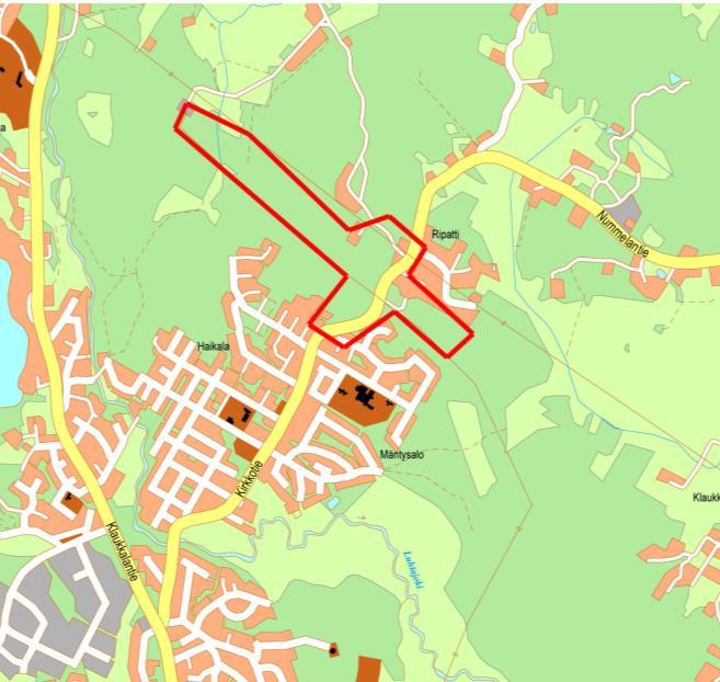 Muutosalue käsittää sen alueen, jolla Klaukkalan ohikulkutie tulee kulkemaan asemakaavoitetulla alueella. Suunnittelualueen pinta-ala on n. 14,7 ha. Alue on yksityisten maanomistajien omistuksessa.