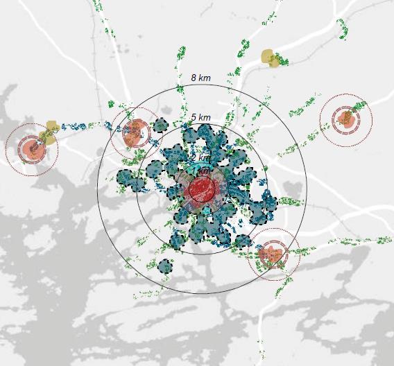 Vyöhykemenetelmä perustuu Leo Kososen ja Peter Newmanin (2013) kehittämää Urban Fabrics -malliin.