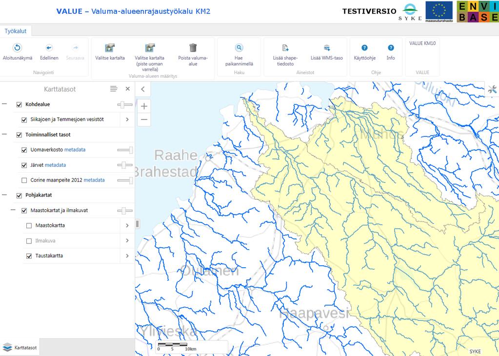 VYYHTI Vesistökunnostajan karttapalvelu: VALUE Valuma-alueen rajaustyökalu KM2 (testiversio) http://paikkatieto.ymparisto.