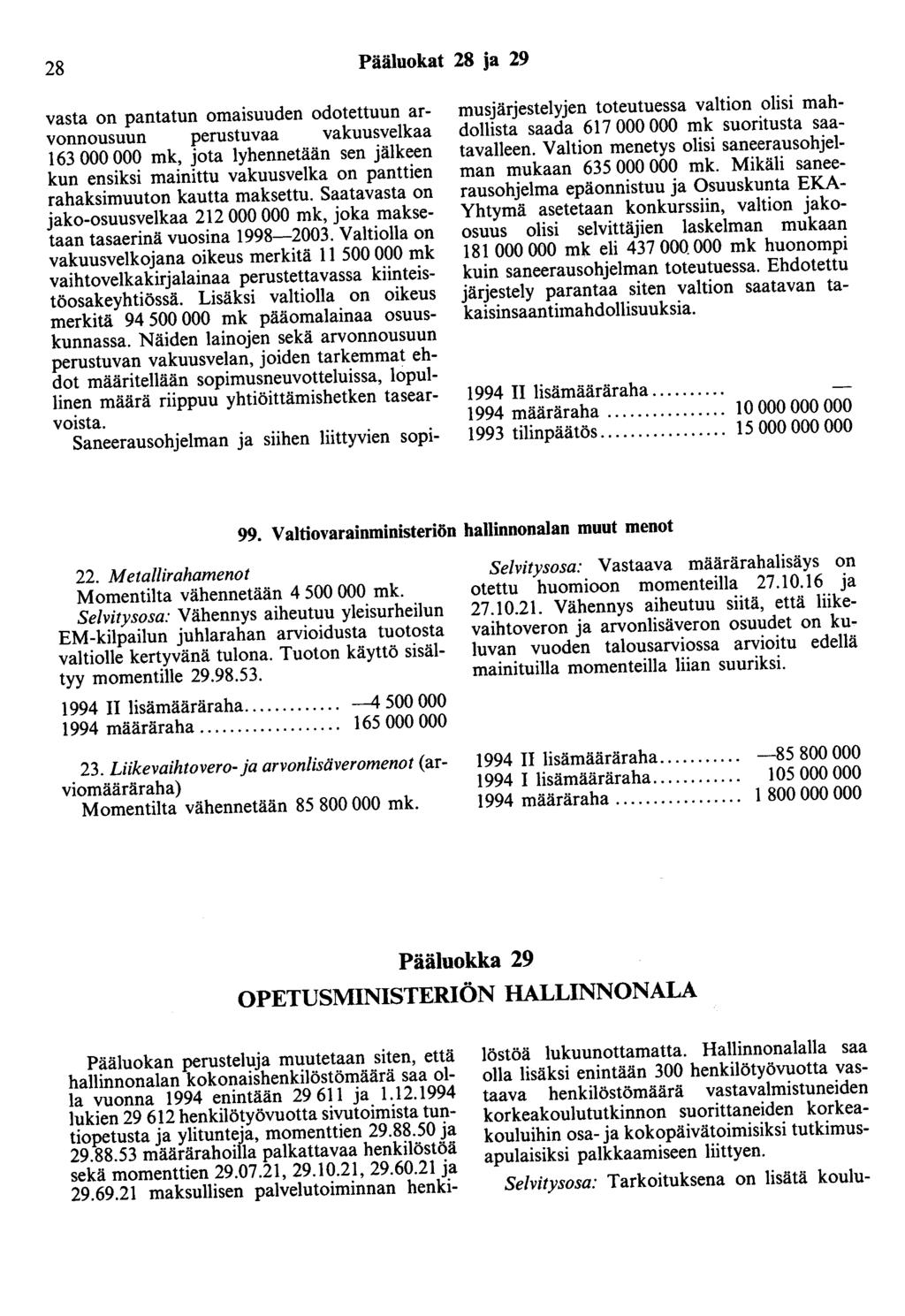 28 Pääluokat 28 ja 29 vasta on pantatun omaisuuden odotettuun arvonnousuun perustuvaa vakuusvelkaa 163 000 000 mk, jota lyhennetään sen jälkeen kun ensiksi mainittu vakuusvelka on panttien