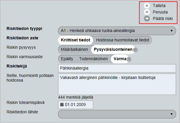 ne tallennetaan Talleta-valinnalla. Riskin päättäminen Riskin päättäminen tapahtuu myös muokkauksen kautta. Sivun ylänurkasta valitaan Päätä riski-valinta.