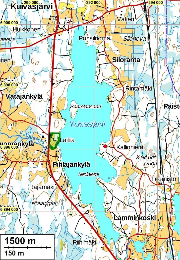 3 Yleiskartat Inventointialue on rajattu vihreällä viivalla Kuivasjärven länsirannalle, Pihlajankylän pohjoispuolelle.