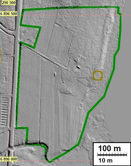 Maanmittauslaitoksen laserkeilausaineistosta laadittu maastomalli. Vihreä viiva rajaa inventointialueen.