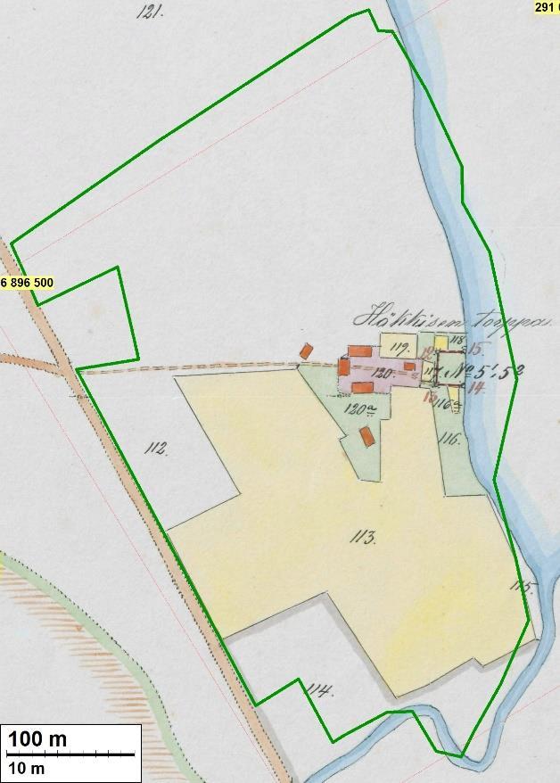 kiinteää asutusta. Ote vuoden 1897 kartasta (Nordenswan).