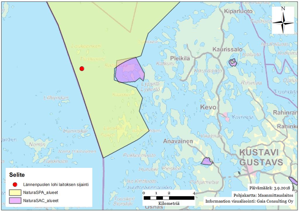 Kuva 3 Loukeenkarin kasvattamon sijainti suhteessa Natura-alueisiin Kustavin luoteisosan merialueella on erittäin hyvät kasvatusolosuhteet - esimerkiksi syvyydet ja virtausolosuhteet ovat otollisia.