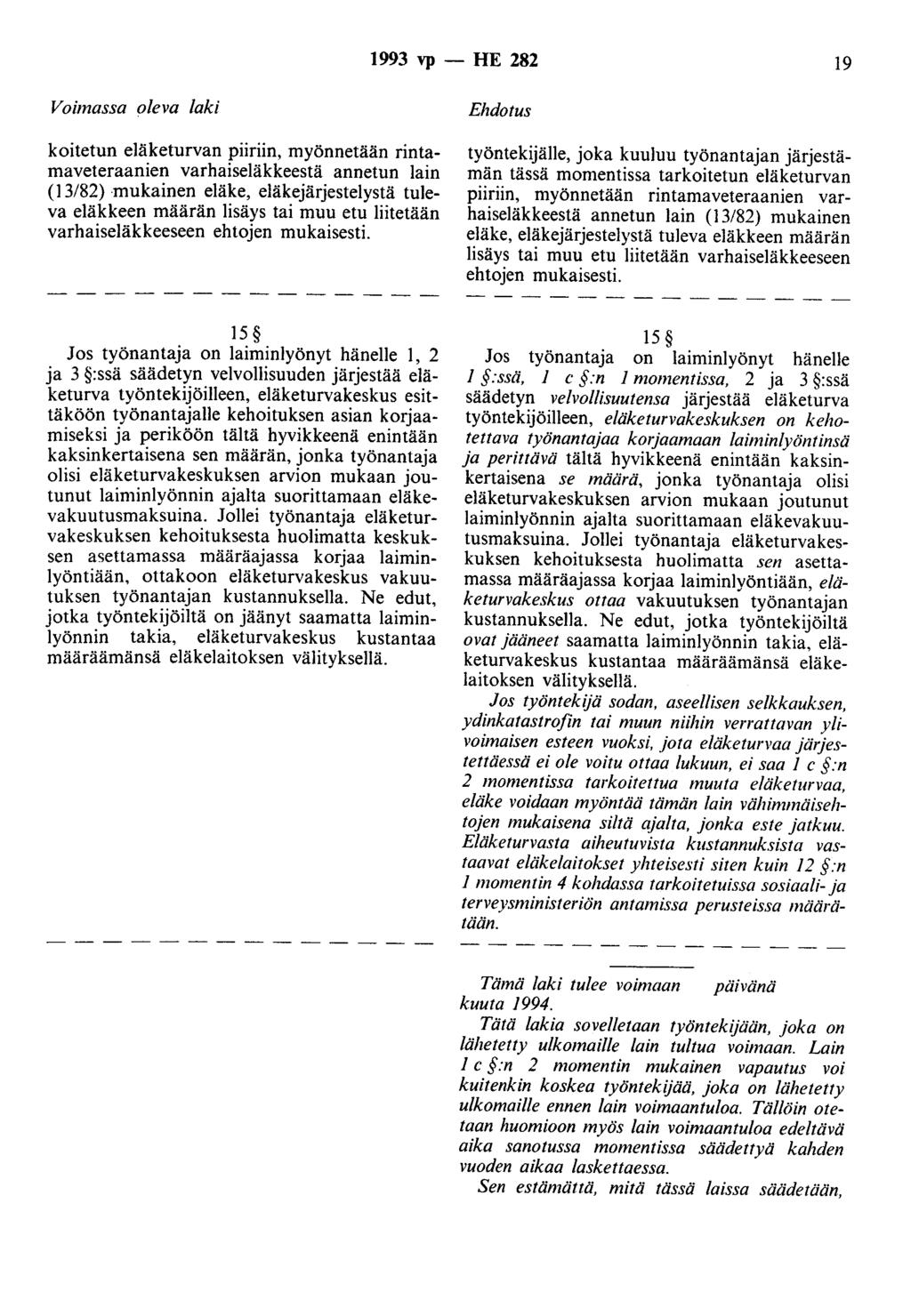 1993 vp- HE 282 19 Voimassa oleva laki koitetun eläketurvan piiriin, myönnetään rintamaveteraanien varhaiseläkkeestä annetun lain (13/82) mukainen eläke, eläkejärjestelystä tuleva eläkkeen määrän