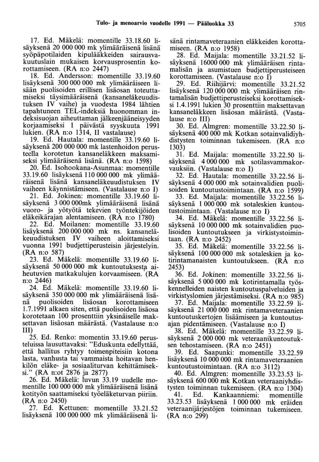 Tulo- ja menoarvio vuodelle 1991 - Pääluokka 33 5705 17. Ed. Mäkelä: momentille 33.18.