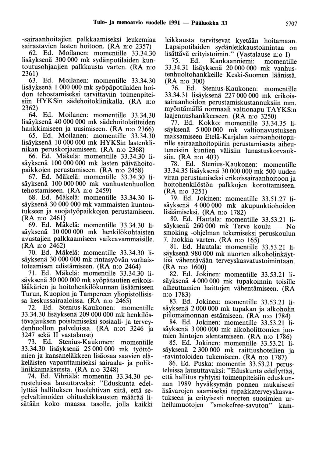 Tulo- ja menoarvio vuodelle 1991 - Pääluokka 33 5707 -sairaanhoitajien palkkaamiseksi leukemiaa sairastavien lasten hoitoon. (RA n:o 2357) 62. Ed. Moilanen: momentille 33.34.