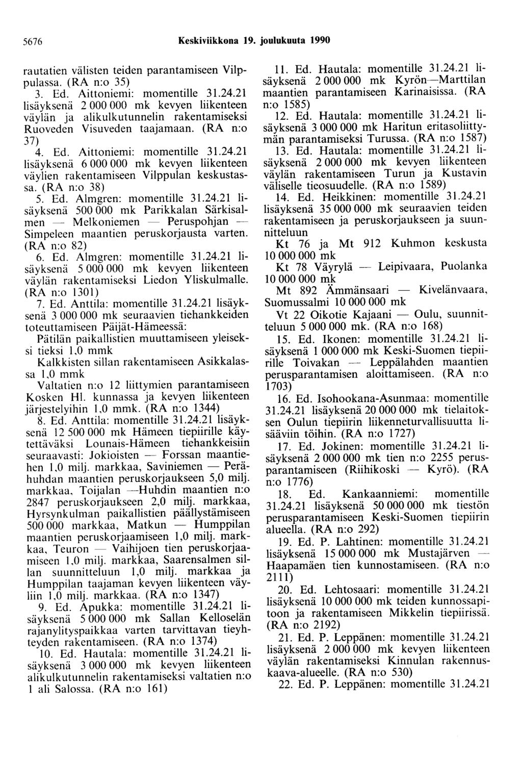 5676 Keskiviikkona 19. joulukuuta 1990 rautatien välisten teiden parantamiseen Vilppulassa. (RA n:o 35) 3. Ed. Aittoniemi: momentille 31.24.