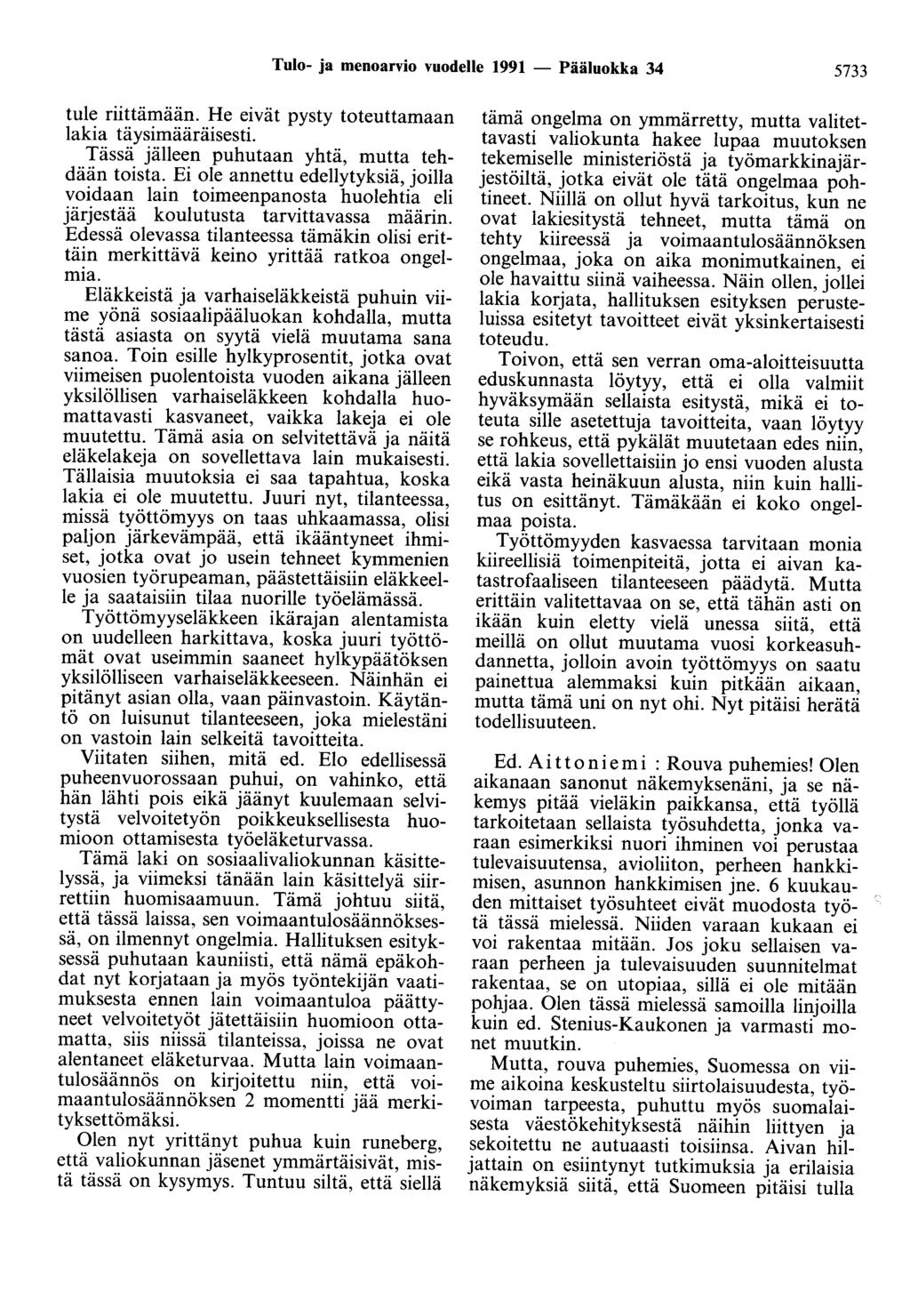 Tulo- ja menoarvio vuodelle 1991 - Pääluokka 34 5733 tule riittämään. He eivät pysty toteuttamaan lakia täysimääräisesti. Tässä jälleen puhutaan yhtä, mutta tehdään toista.