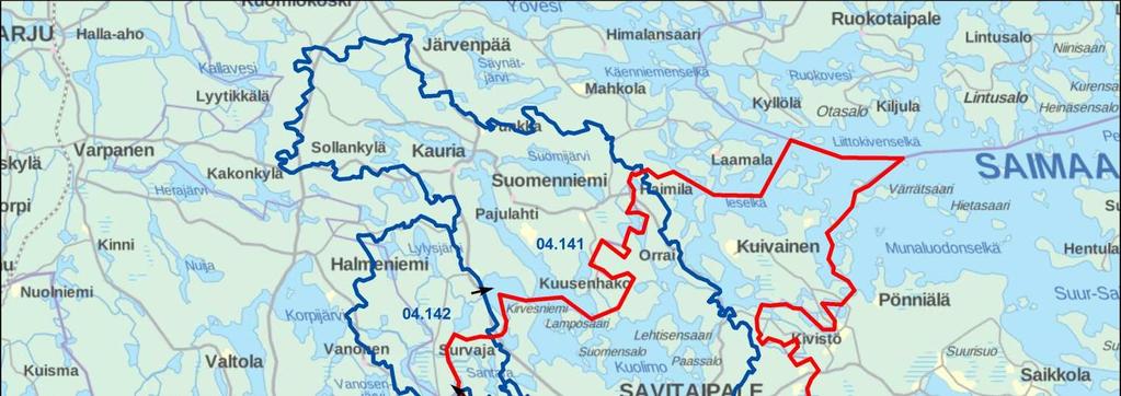 Kuva 1. Kuolimon vesiensuojelun yleissuunnitelman kohdealueen rajaus. Kuolimon vesiensuojelun yleissuunnitelman kohdesuunnittelu on tehty Savitaipaleen kunnan alueella valuma-alueilla 04.141, 04.