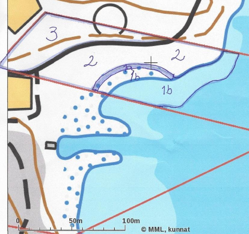 29 Kartta 6: Pohjavuoren alueen luontotyypit Numero 1a on korkea kasvuista merenrantaniittyä, 1b on ruovikkoa, 2 on tuoretta lehtoa ja 3 vanhaa pihaaluetta 3Arvokkaat elinympäristöt ja uhanalaiset