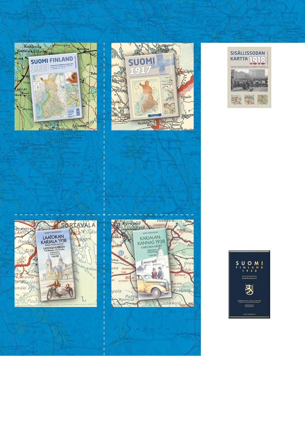 Historialliset kartat 22 Sisällissodan 1918 kartta Sodan tapahtumat ja paikat kartalla Suomi 1933 Korkeusvyöhykekartta ISBN 978-952-266-514-0 14,90 Kartassa kuvataan Suomen valtio laajimmillaan