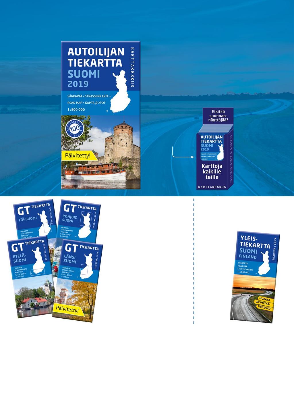 05 Taitetut tiekartat Autoilijan tiekartta Suomi 2019 Suomen suosituin tiekartta! ISBN 978-952-266-553-9 12,90 Autoilijan tiekartta sisältää koko Suomen yhdellä lehdellä.