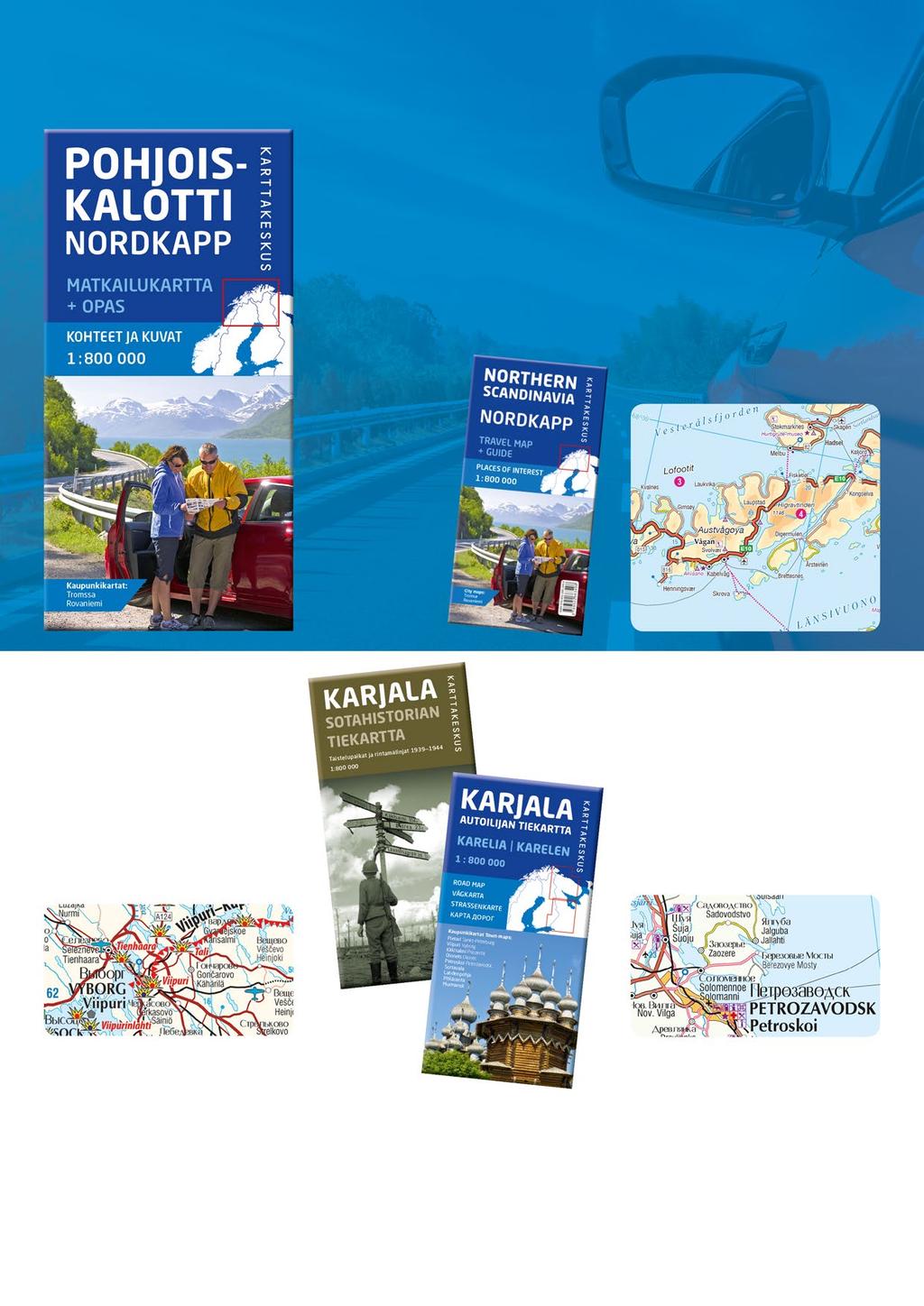 Tiekartat ulkomailta 06 Pohjoiskalotti Nordkapp Matkailukartta + opas Tiekartta ja matkaopas suomeksi ja englanniksi ISBN 978-952-266-349-8 18,90 Tiekartta 1:800 000 kattaa pohjoiset osat Suomesta,