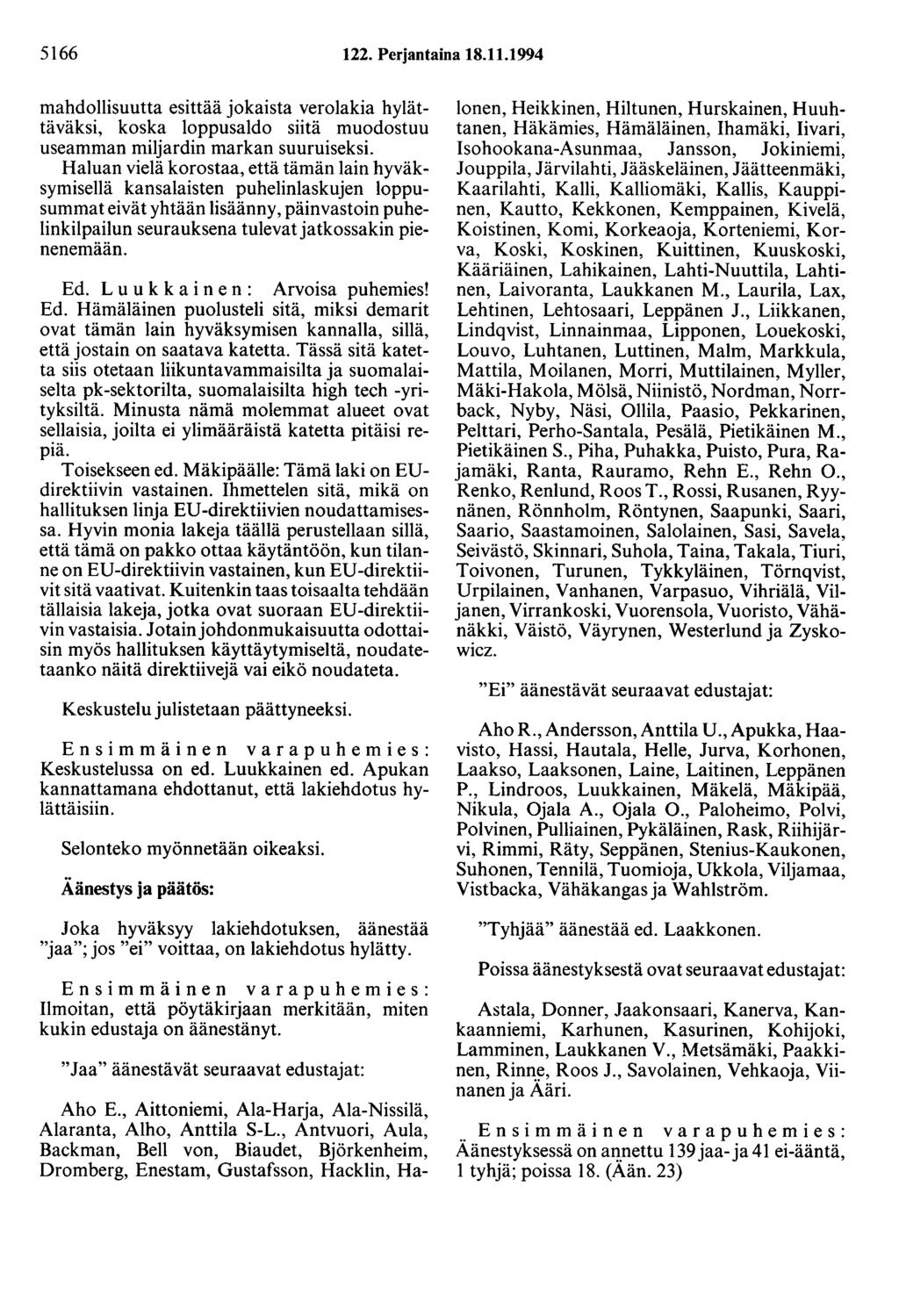 5166 122. Perjantaina 18.11.1994 mahdollisuutta esittää jokaista verolakia hylättäväksi, koska loppusaldo siitä muodostuu useamman miljardin markan suuruiseksi.