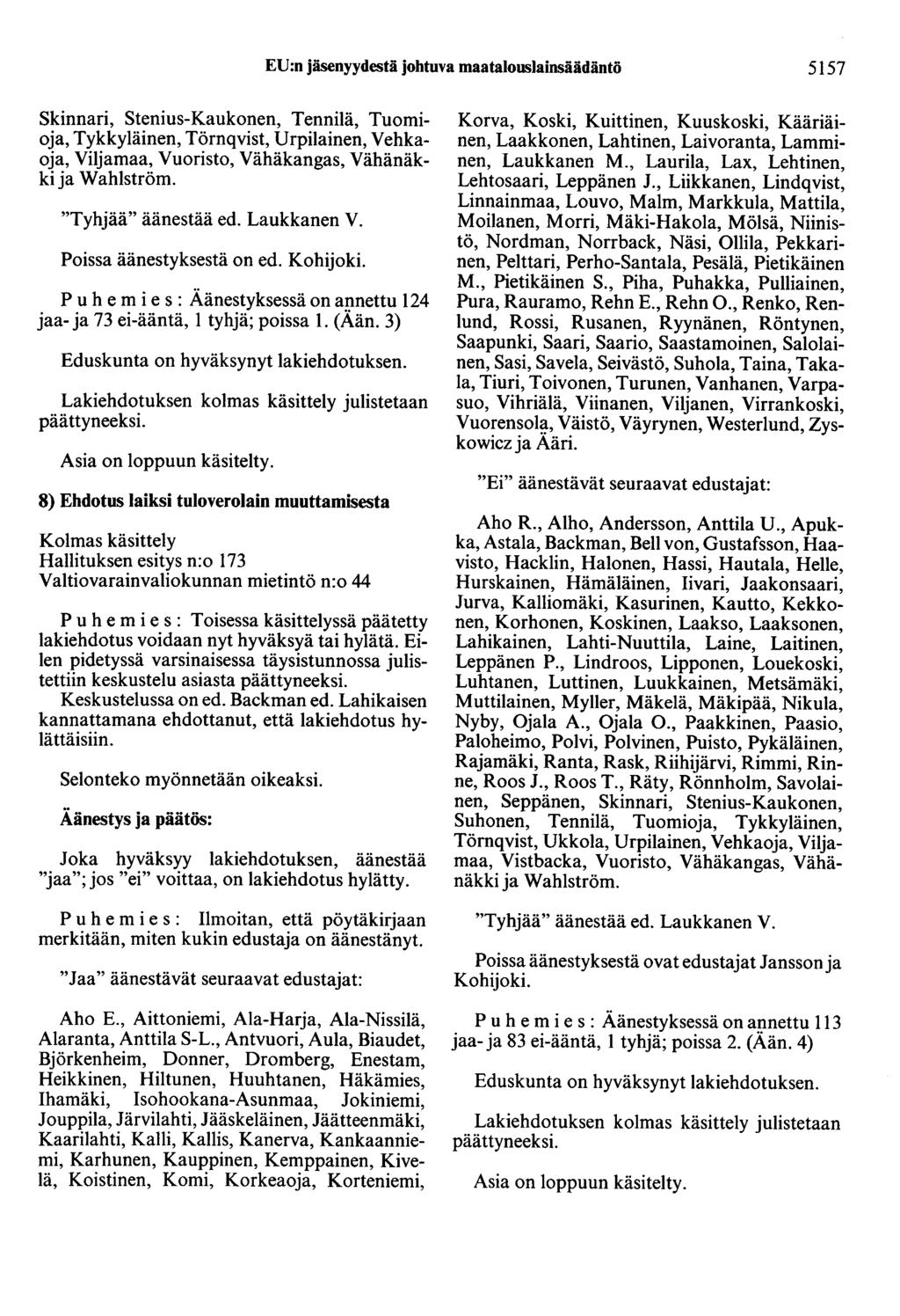 EU:n jäsenyydestä johtuva maatalouslainsäädäntö 5157 Skinnari, Stenius-Kaukonen, Tennilä, Tuomioja, Tykkyläinen, Törnqvist, Urpilainen, Vehkaoja, Viljamaa, Vuoristo, Vähäkangas, Vähänäkkija Wahlström.