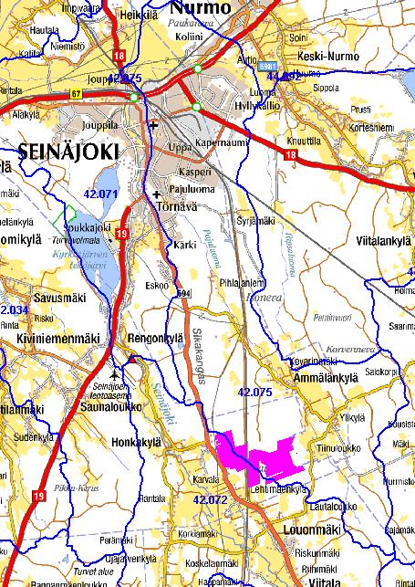 Hankealue sijaitsee Pajuluoman valuma-alueella (42.075) sekä osittain Seinäjoen keskiosan, Kihniänjoen alaosan valuma-alueella (42.072).