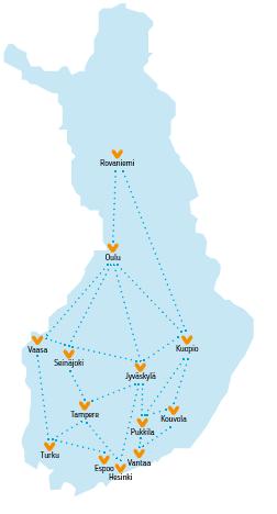 13 kuntaa: Helsinki, Espoo, Vantaa, Pukkila, Turku, Tampere, Kouvola, Seinäjoki, Jyväskylä, Vaasa, Kuopio,