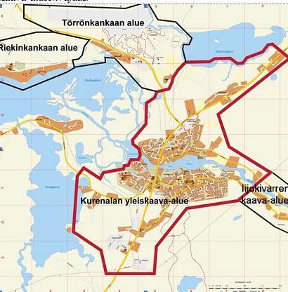 Pudasjärven kaupunki Kurenalan osayleiskaavan uusiminen OSALLISTUMIS- JA ARVIOINTISUUNNITELMA 7.11.2018 Kurenalan yleiskaava-alue rajatta kartalle paksummalla punaisella viivalla.