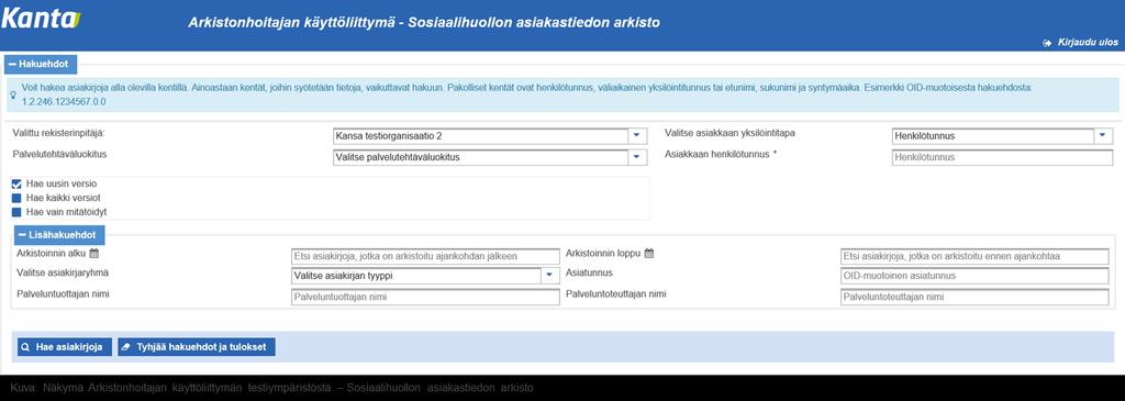 Näkymä Arkistonhoitajan käyttöliittymän testiympäristöstä