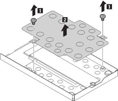 9. Irrota M.2 SSD -aseman suojakannen kiinnitysruuvit 1 ja poista sitten suojakansi 2. 10. Irrota M.2 2280 SSD -aseman kiinnitysruuvi. Asema vapautuu lukitusta asennosta ja liikkuu ylöspäin. 11.