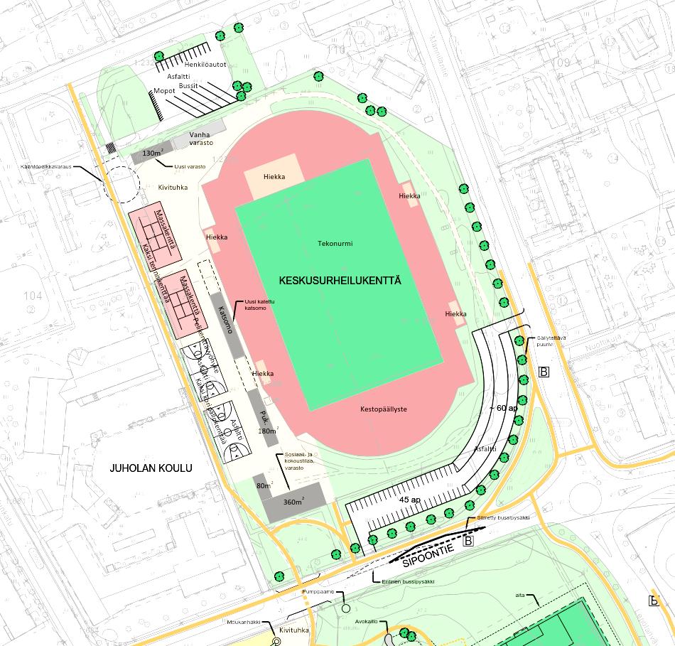 Urheilukenttätoimintojen sijoittuminen alueelle koulun toiminnot huomioiden Moduulikoulu; pysäköintipaikkojen uudelleensijoittelu Selkeä pyörätien ylityspaikka Jalankulun ja