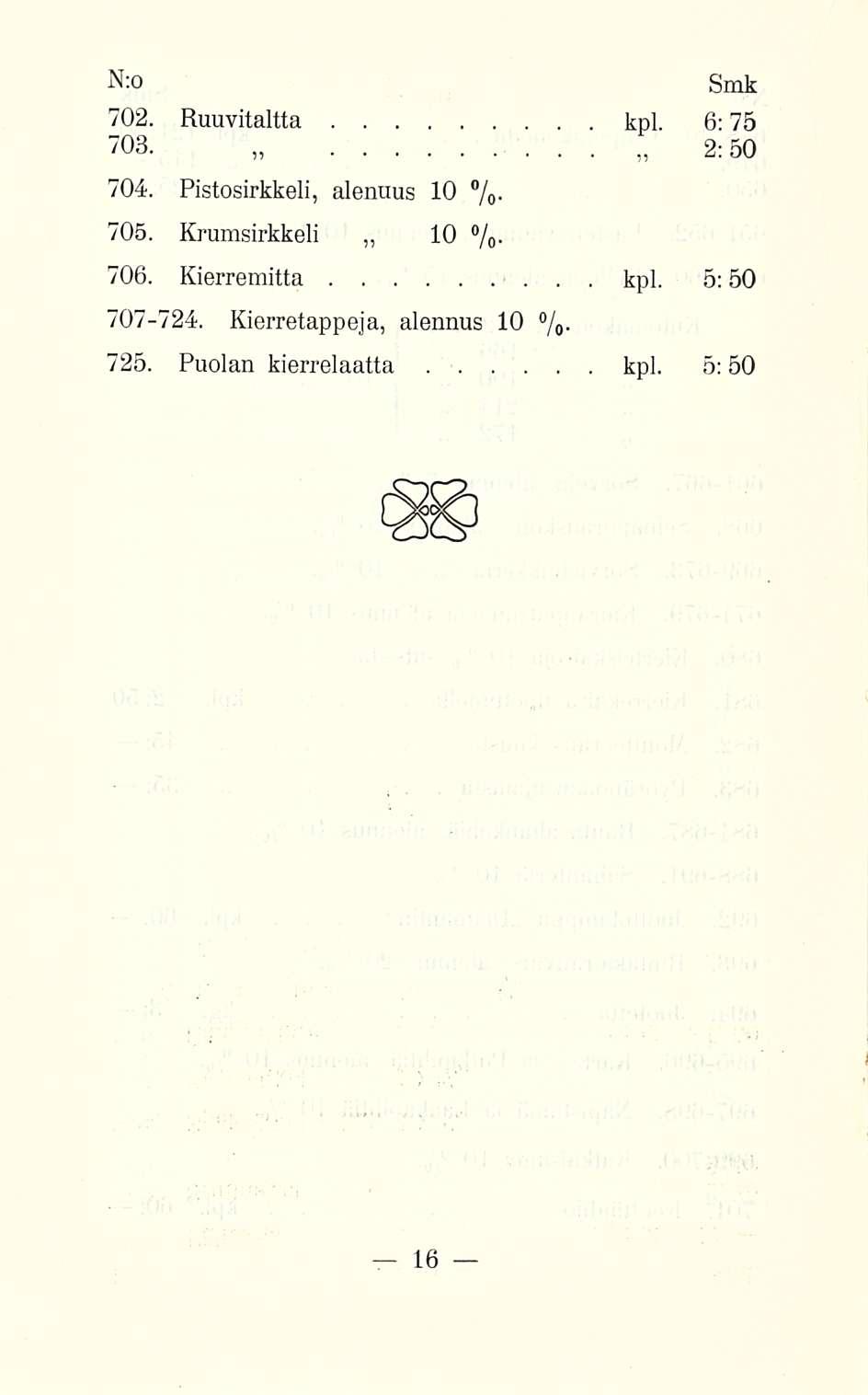 702 Ruuvitaltta kpl 6:75 703 2:50 704 Pistosirkkeli, alennus 10 % 705 Krumsirkkeli 10 %