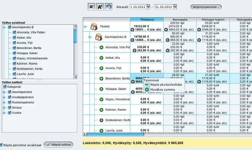 YLEINEN LASKUTUSKOOSTE Klikkaamalla haluttua summaa voidaan tutkia