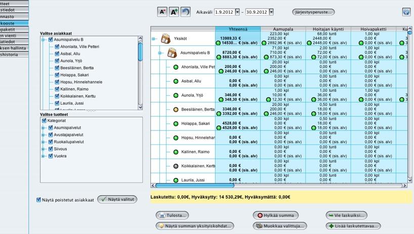 YLEINEN LASKUTUSKOOSTE Valitsemalla kokonaissumma ja klikkaamalla Vie laskuiksi -painiketta, ohjelma