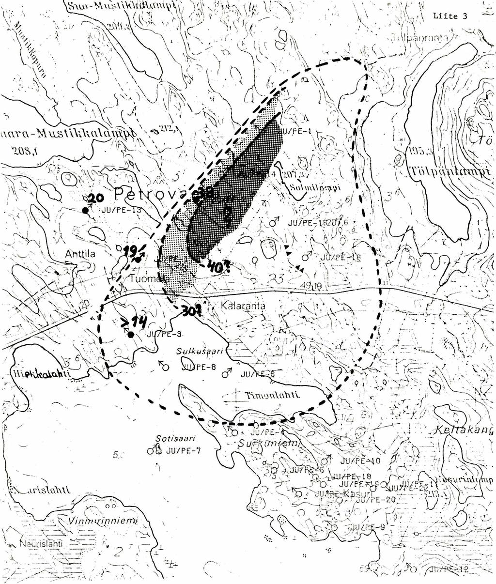 1. Poh ja-kgl-kerrospat jan paksuus (m) eri lavistyksissa ja niiden perusteella oletettu paleopainanteen syvin alue.
