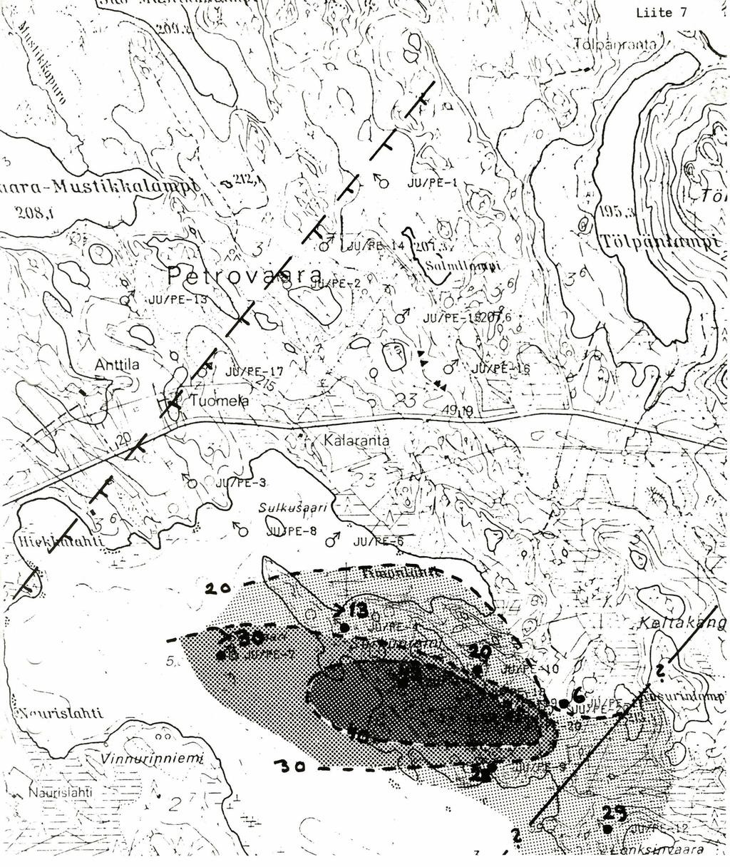 5. Valittomasti Surkuniemen mineralisaation alapuolella olevan TREKA+KL+DO-kerrospatjan paksuus (m) eri