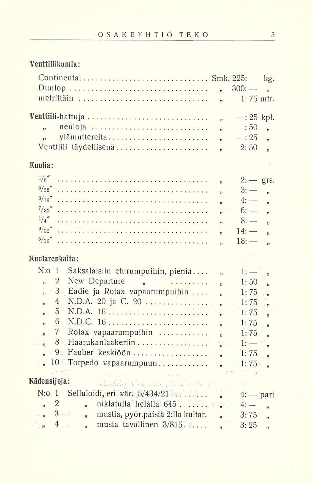 OSAKEYHTIÖ TEKO Venttiilikumia: Continental Smk. 225: kg. Dunlop 300: metrittäin l;7smtr. Venttiili-hattuja : 25 kpl. «neuloja ylämuttereita Venttiili täydellisenä : 50 : 25 2:50 Kuulia: Vs' 2: grs.