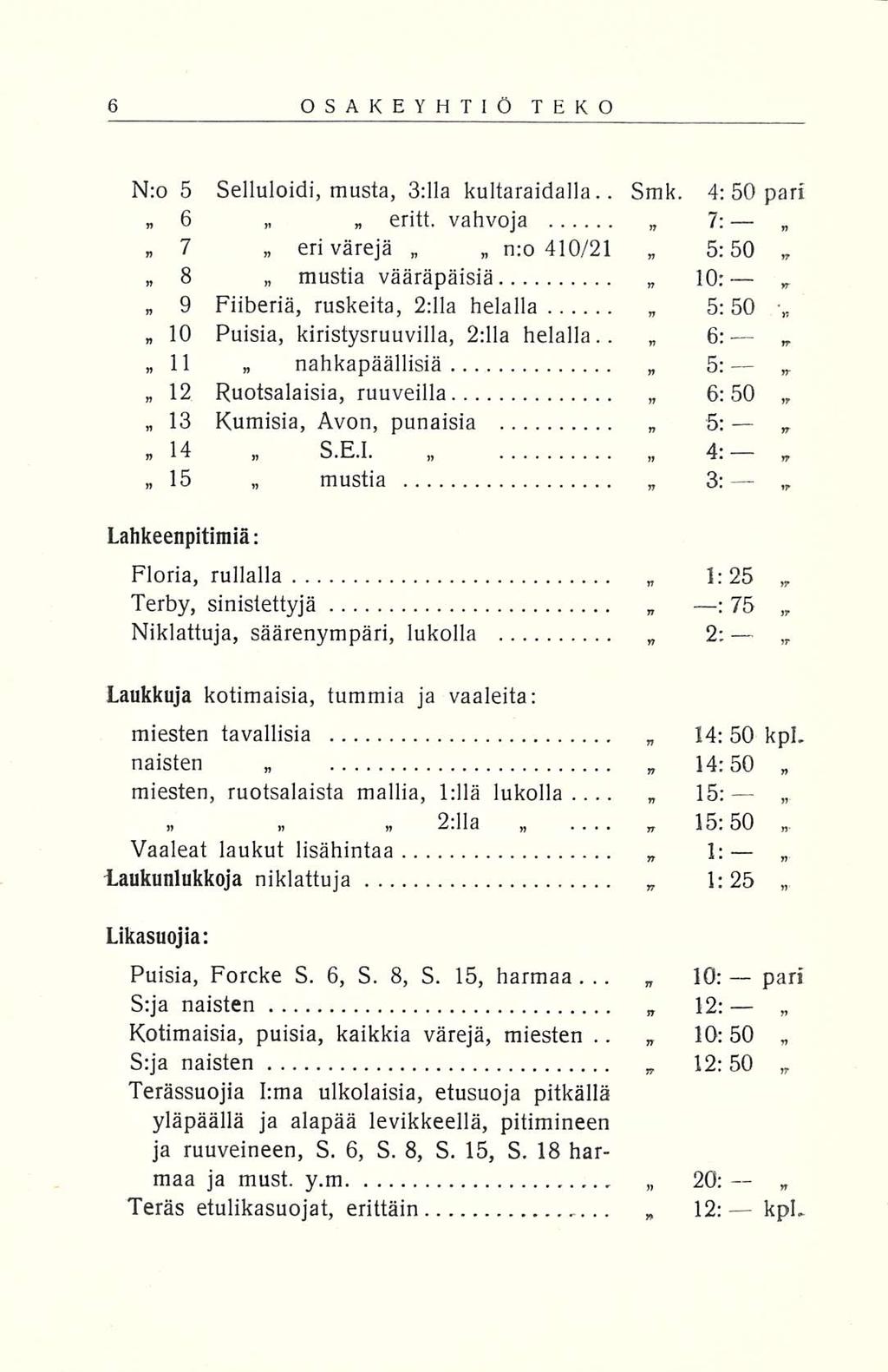 OSAKEYHTIÖ TEKO N:o 5 Selluloidi, musta, 3:11 akultaraidalla.. Smk. 4: 50 pari «6 7 8 eritt.