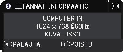 VALINNAT-valikko Kohta Kuvaus INFORMAATIO Tämän kohdan valinnalla tulee näkyviin valintaikkuna nimeltä "LIITÄNNAT_INFORMAATIO". Se näyttää tiedot senhetkisestä tulosignalaista.