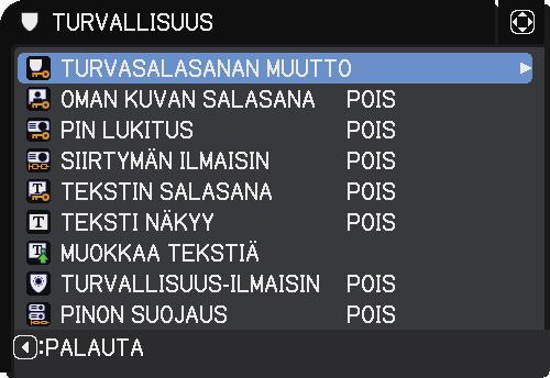 TURVALLISUUS-valikko TURVALLISUUS-valikko Tämä projektori on varustettu turvatoiminnoilla. TURVALLISUUS-valikossa voit suorittaa alla olevassa taulukossa esitetyt toiminnot.