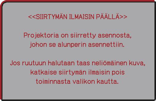 Lamppu sammuu noin viiden minuutin kuluttua siitä, kun SIIRTYMÄN ILMAISIN PÄÄLLÄ -hälytys tuli näkyviin.