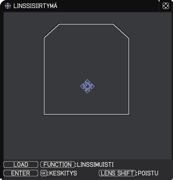 Linssin säätö Zoomauksen ja tarkkuuden säätö Esiin tulee ZOOM- tai FOCUS-valintaikkuna, kun painetaan jotain painikkeista ZOOM, ZOOM -, ZOOM +, FOCUS + tai FOCUS -.