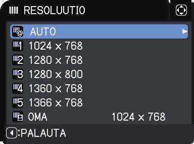 LIITÄNNÄT-valikko Kohta RESOLUUTIO Kuvaus COMPUTER IN-syöttösignaalin resoluutio voidaan asettaa tässä projektorissa.