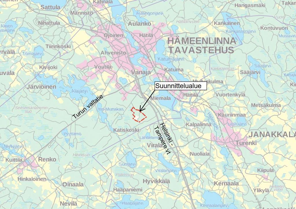 Taipaleentien hulevesiselvitys 20.9.2017 3 (18) Kuva 1. Selvitysalueen sijainti Hämeenlinnan keskustan kupeessa.