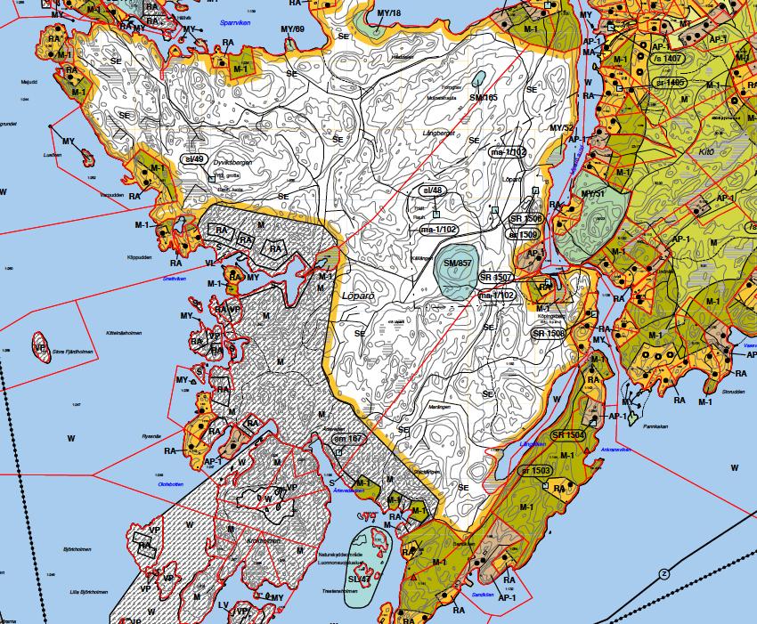 S VP VP RA RA S S Ote Saariston ja rannikon osayleiskaavasta. Suunnittelualue esitetty punaisena. Utdrag ur Delgeneralplan för skärgården och kusten. Planändringsområdet anges på kartan med rött.