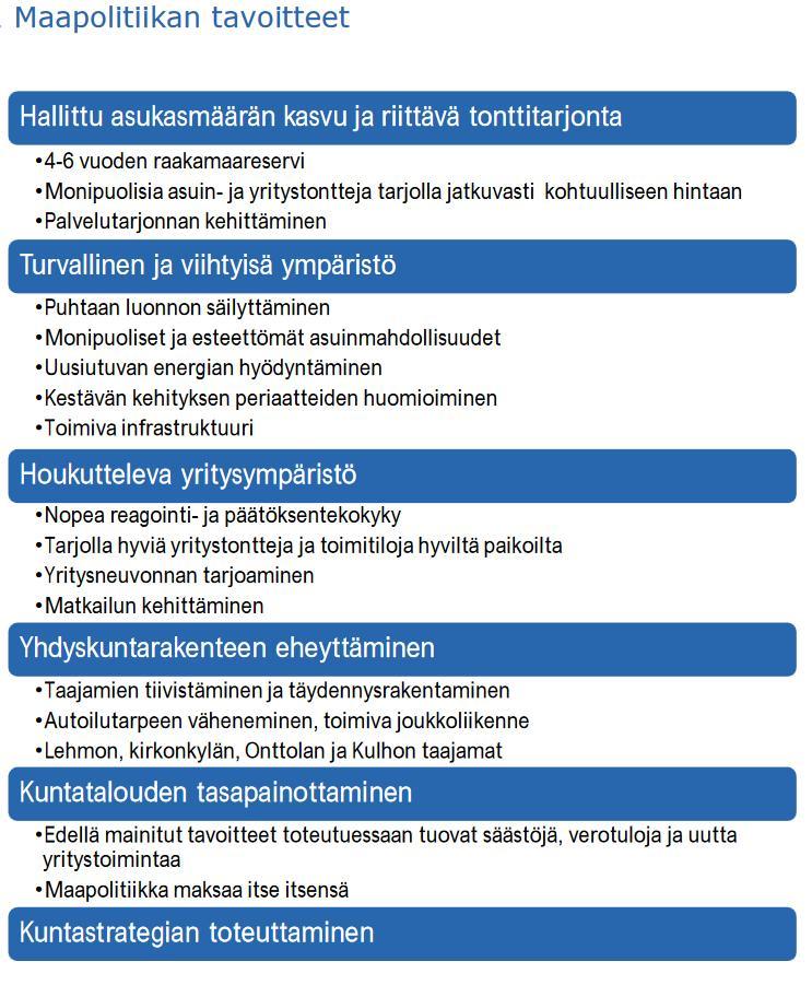 Maapoliittinen ohjelma Kunnanvaltuusto hyväksyi kaavoitusyksikössä valmistellun uuden maapoliittisen ohjelman 11.6.2018. Ohjelmassa käymme läpi mm.