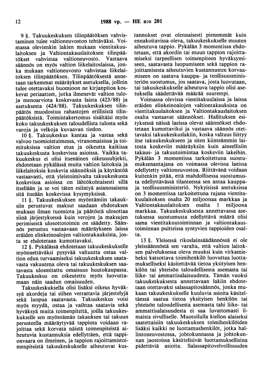 12 1988 vp. - HE n:o 201 9. Takuukeskuksen tilinpäätöksen vahvistaminen tulee valtioneuvoston tehtäväksi.