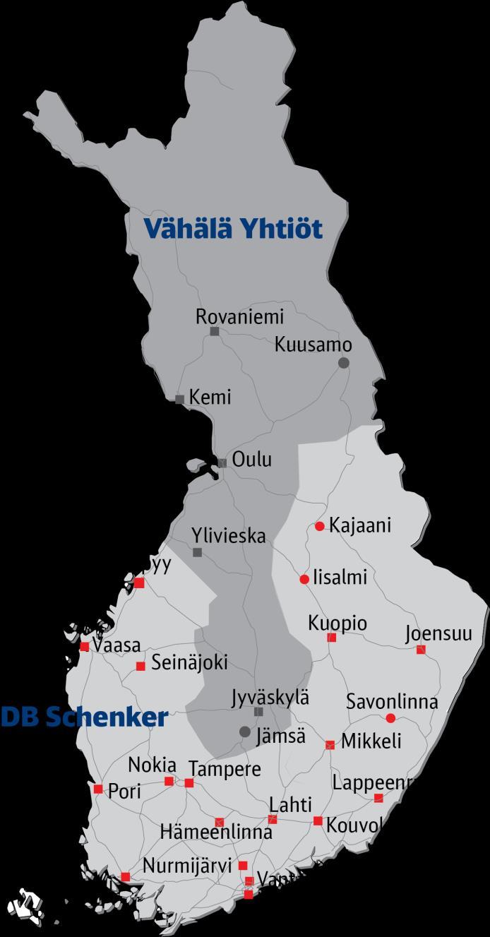 Kotimaan kuljetus- ja varastointipalvelut Suomessa Schenker Oy:n palveluita tuottaa noin 1 300 henkilöä 18 paikkakunnalla.