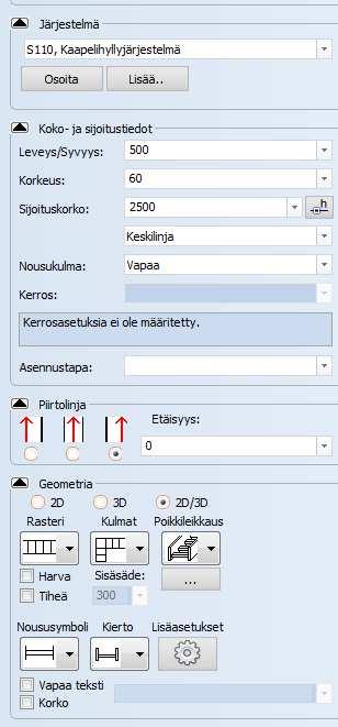 24 valitaan joko 2D, 3D tai 2D/3D piirtolinja. Piirtolinjan geometria vaikuttavat siihen miten johtotie piirtyy reaaliaikaisesti piirretttäessä tasokuvalle. (Kuva16.) (CADS 17 Electric Pro 2017.